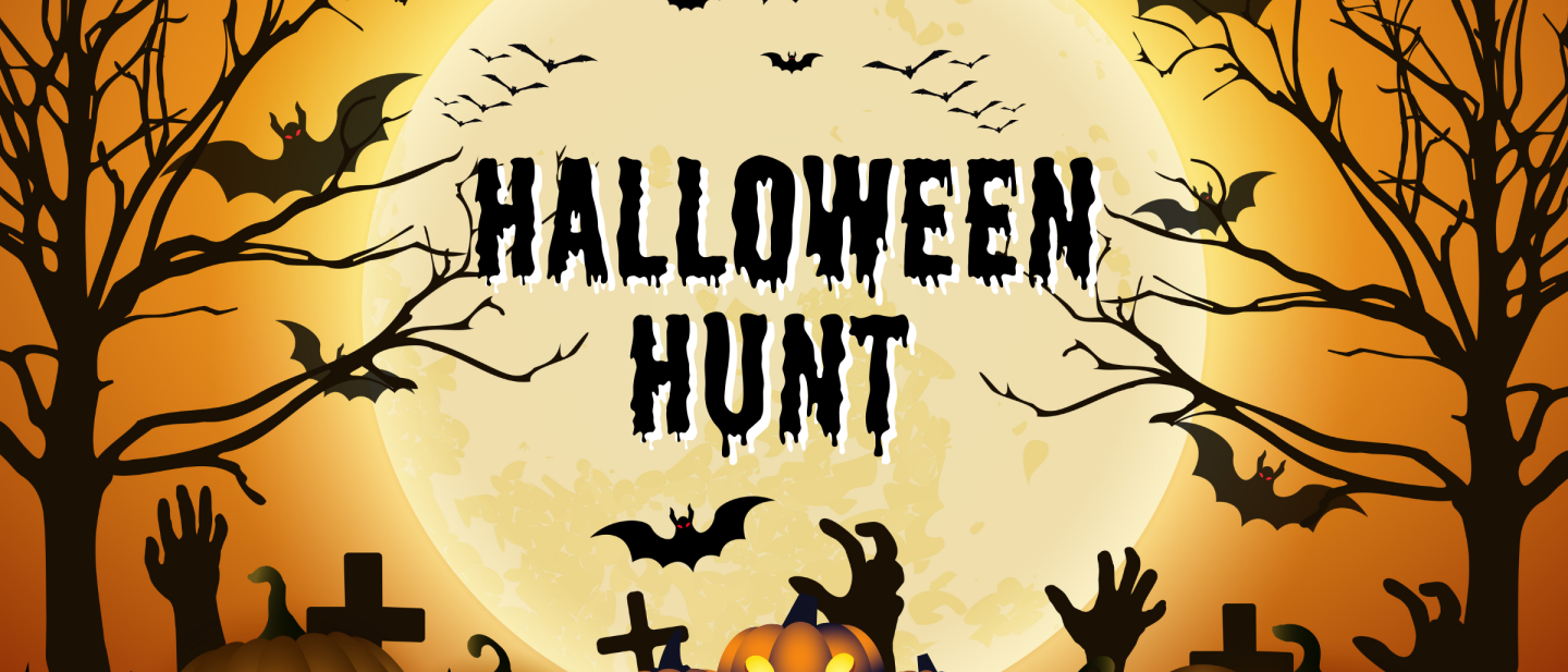 halloween hunt logo with bats and pumpkins